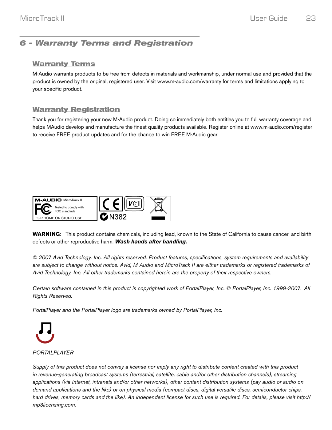 M-Audio MicroTrack II manual Warranty Terms and Registration, Warranty Terms Warranty Registration 