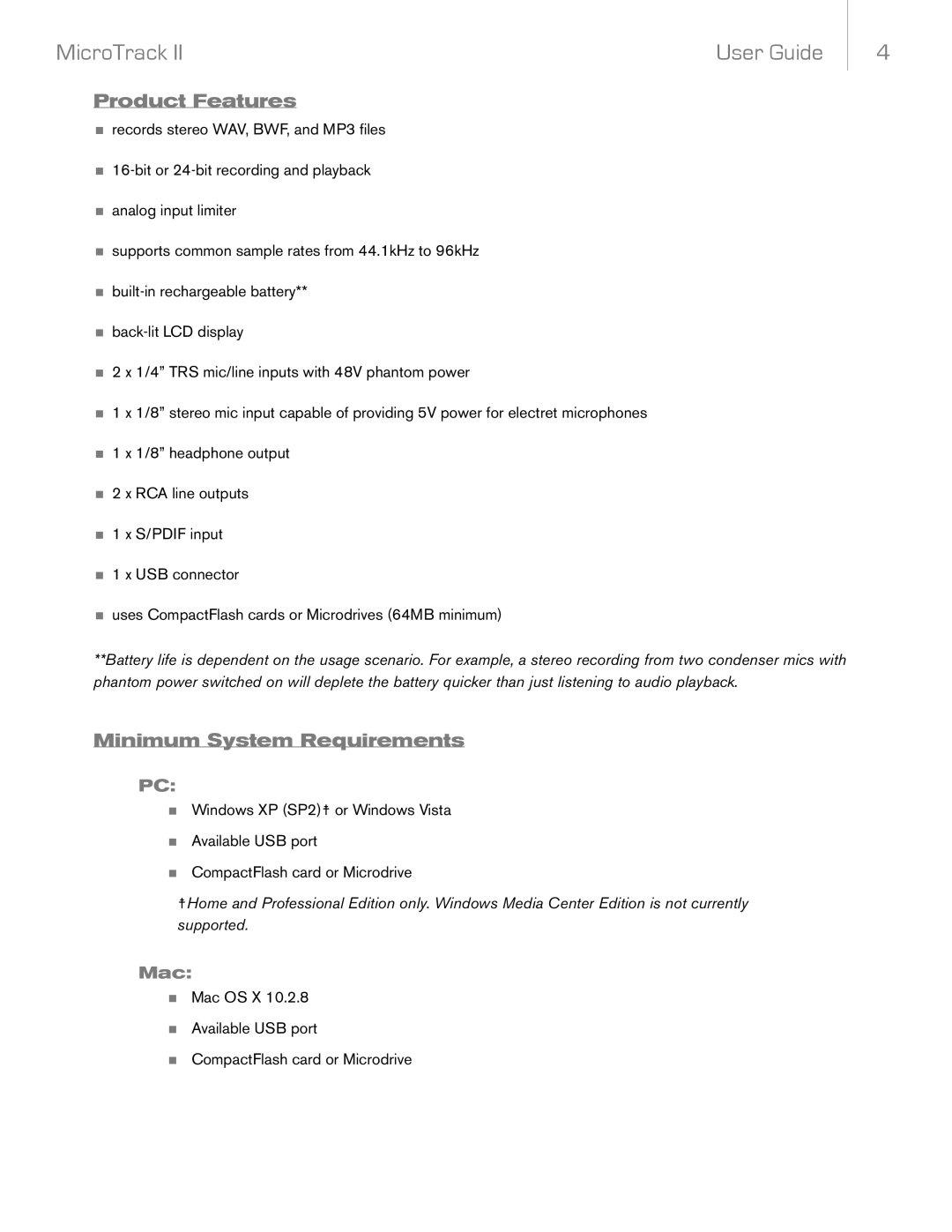 M-Audio MicroTrack II manual Product Features, Minimum System Requirements, Mac 