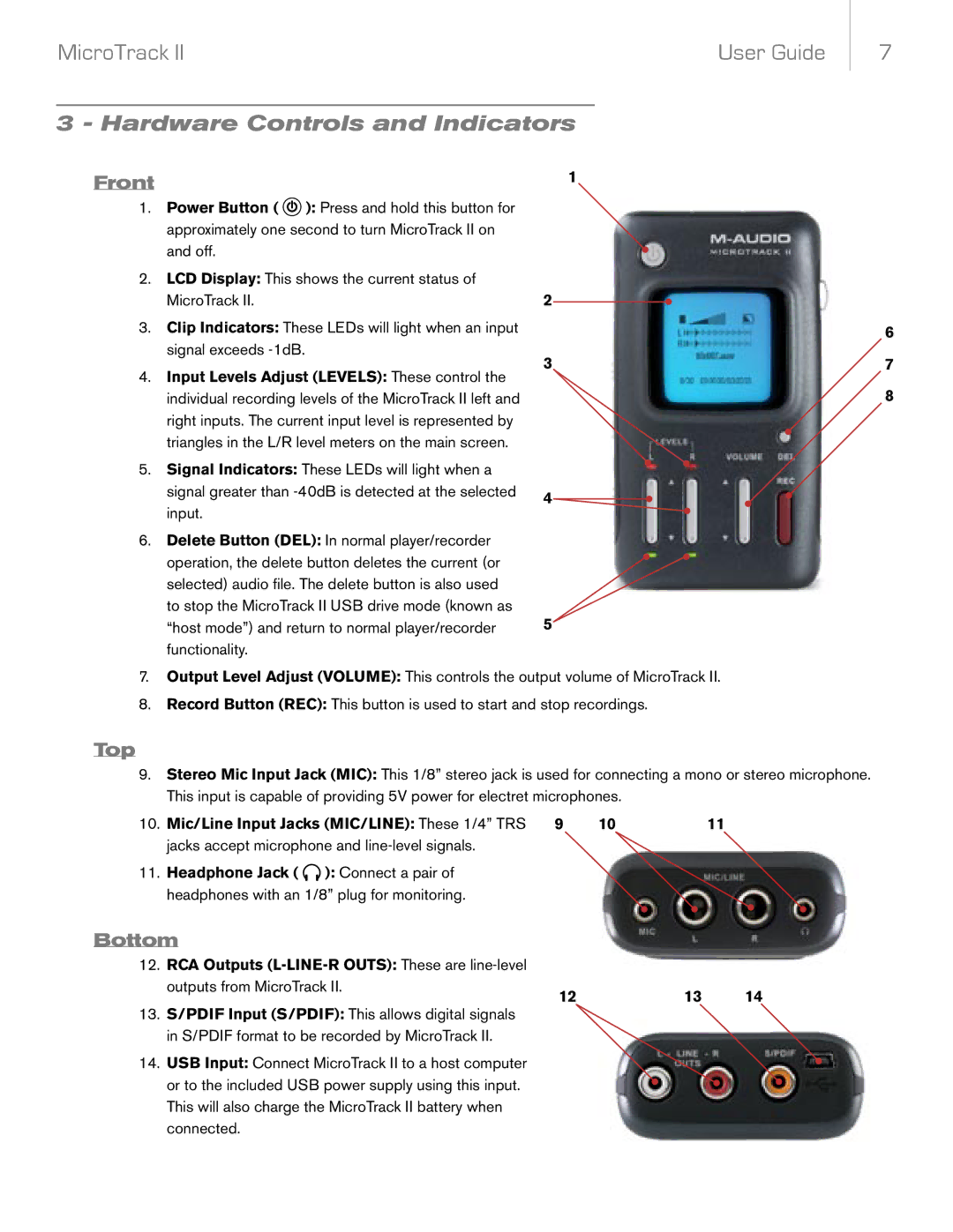 M-Audio MicroTrack II manual Hardware Controls and Indicators, Front, Top, Bottom, Input Levels Adjust Levels These control 