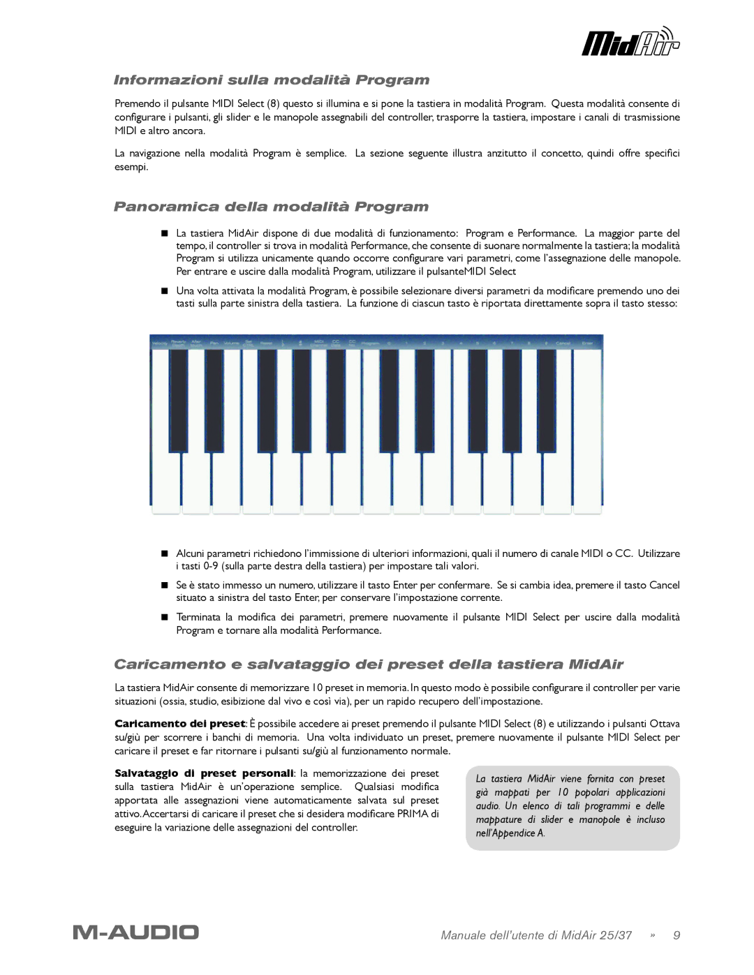 M-Audio MidAir 25/37 manual Informazioni sulla modalità Program, Panoramica della modalità Program 