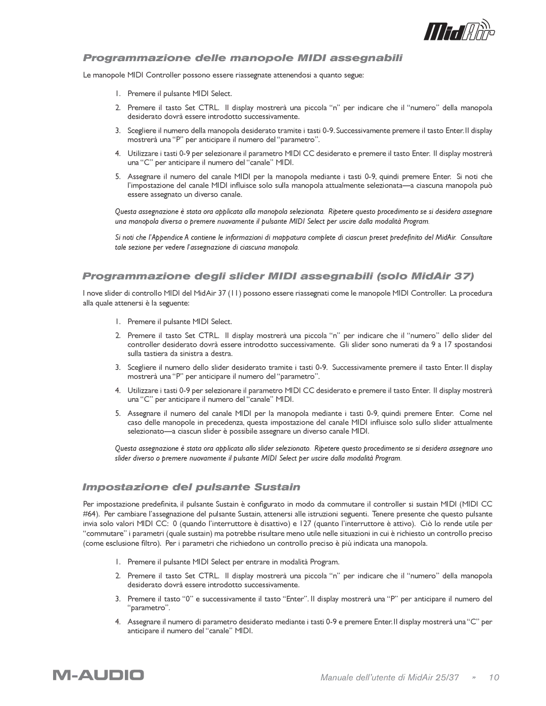 M-Audio MidAir 25/37 manual Programmazione delle manopole Midi assegnabili, Impostazione del pulsante Sustain 