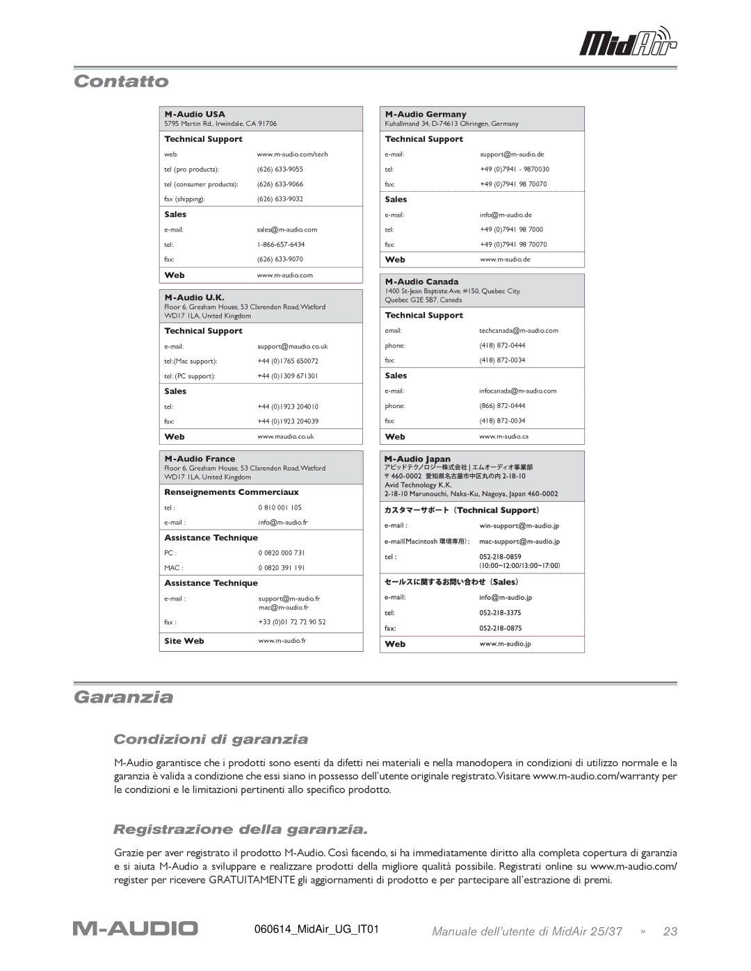 M-Audio MidAir 25/37 manual Contatto, Garanzia, Condizioni di garanzia Registrazione della garanzia 