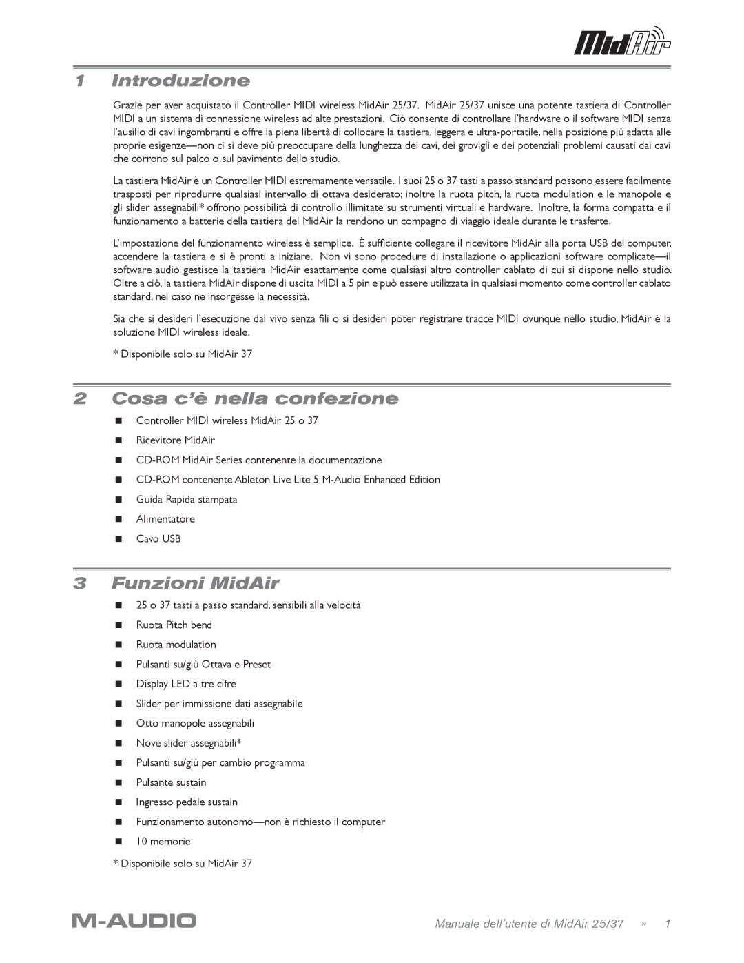 M-Audio MidAir 25/37 manual Introduzione, Cosa c’è nella confezione, Funzioni MidAir 