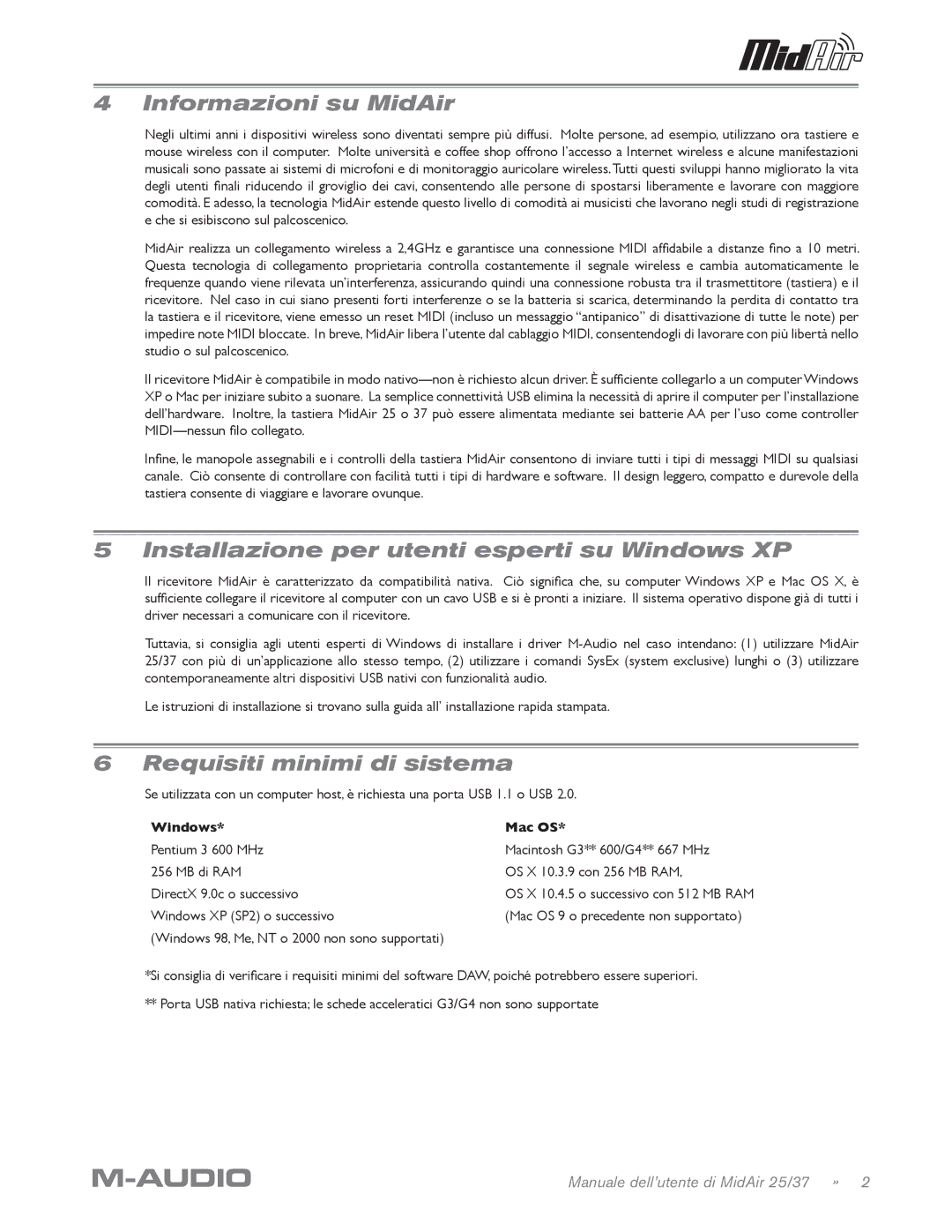 M-Audio MidAir 25/37 Informazioni su MidAir, Installazione per utenti esperti su Windows XP, Requisiti minimi di sistema 