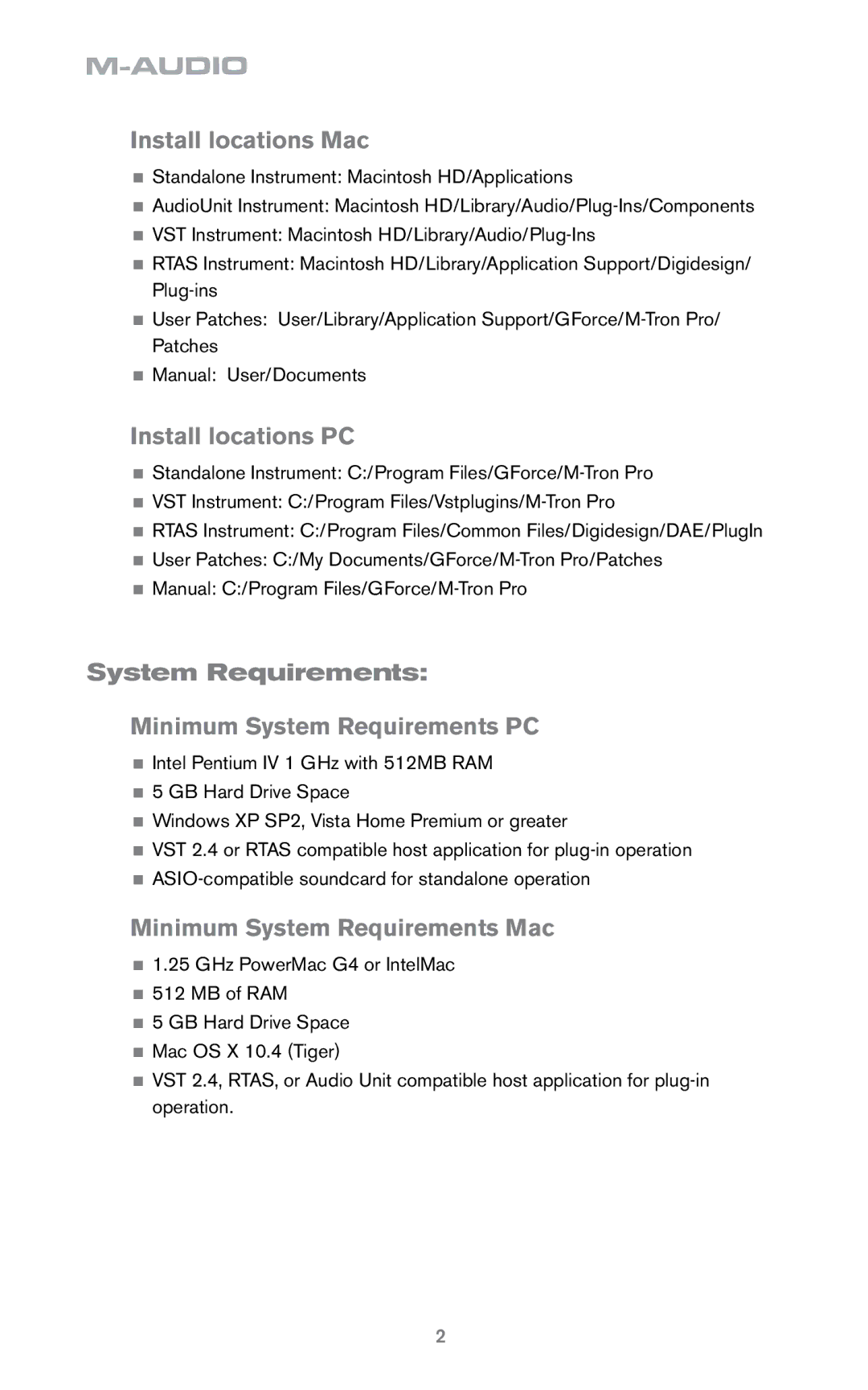 M-Audio MTronPro Install locations Mac, Install locations PC, System Requirements Minimum System Requirements PC 