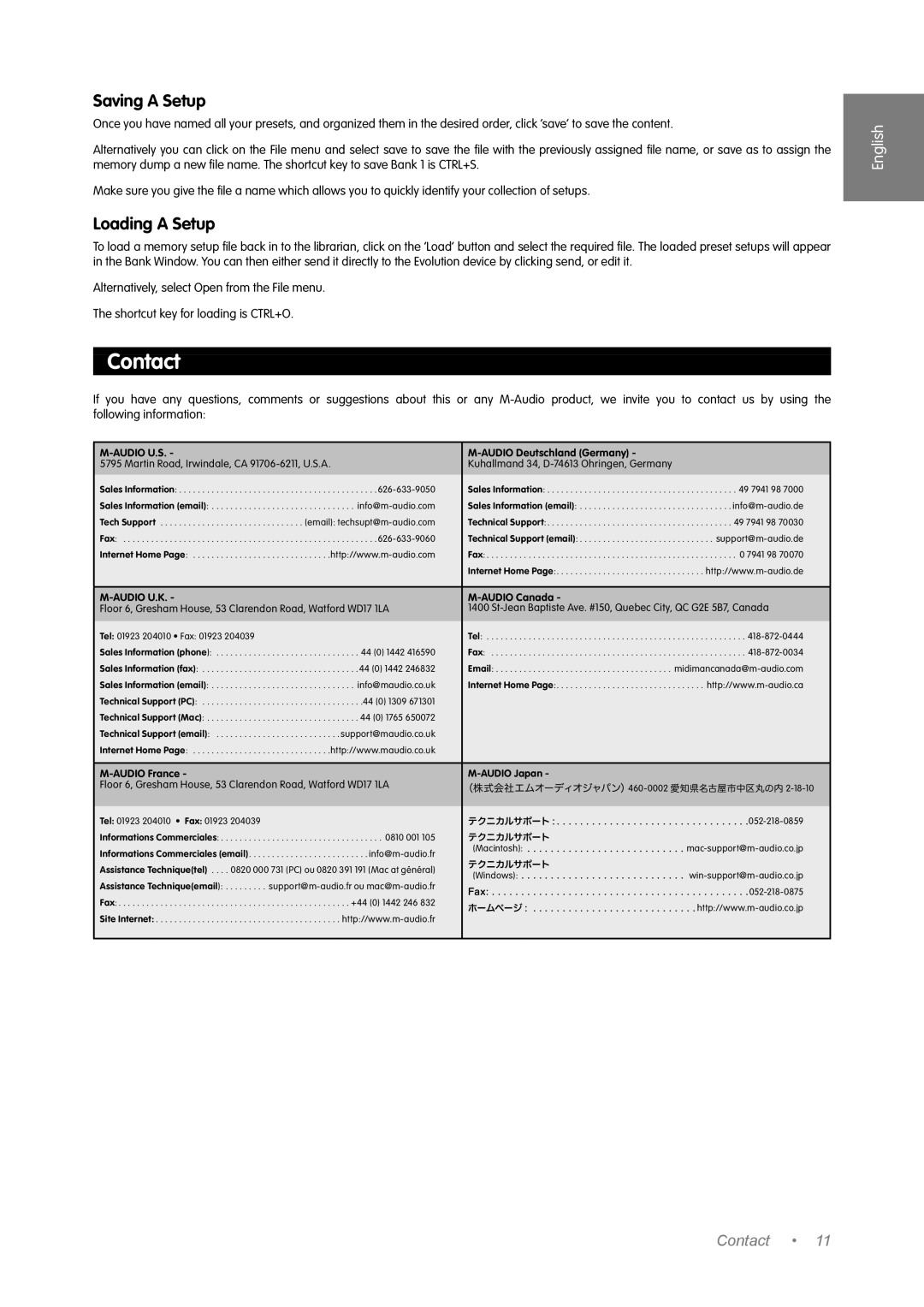 M-Audio Music Mixer manual Contact, Saving a Setup, Loading a Setup 