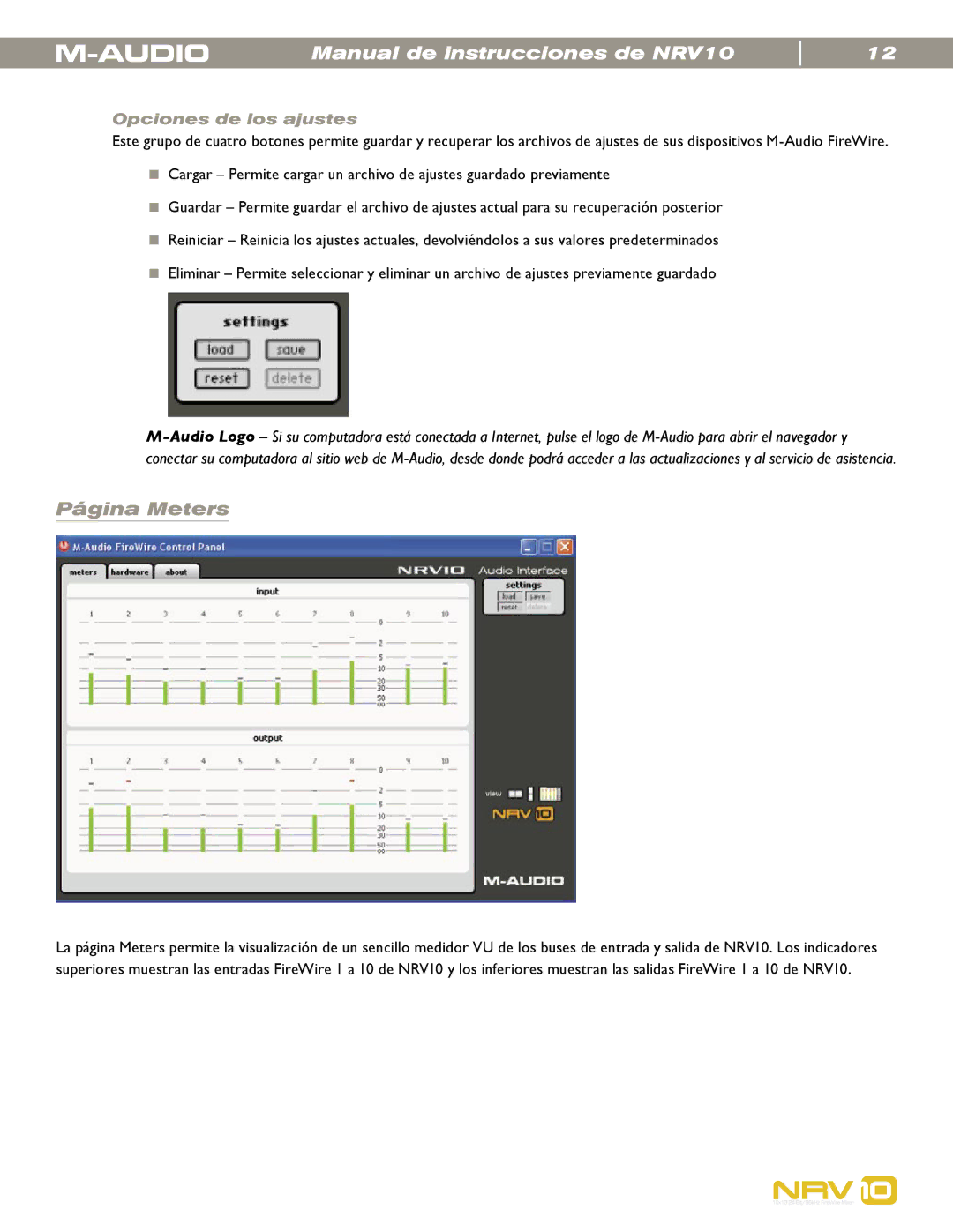 M-Audio NRV10 manual Página Meters, Opciones de los ajustes 