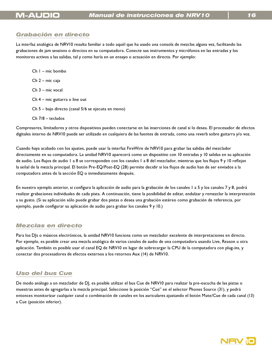 M-Audio NRV10 manual Grabación en directo, Mezclas en directo, Uso del bus Cue 