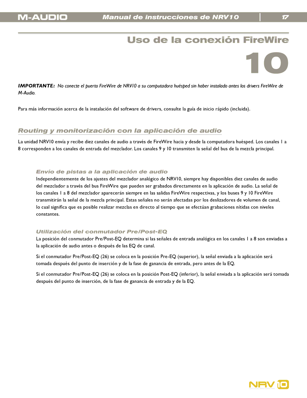 M-Audio NRV10 manual Uso de la conexión FireWire, Routing y monitorización con la aplicación de audio 