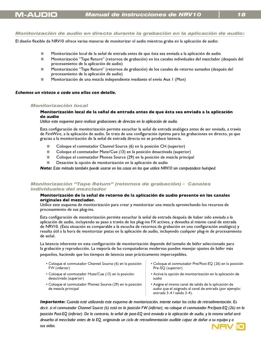 M-Audio NRV10 manual Monitorización local 