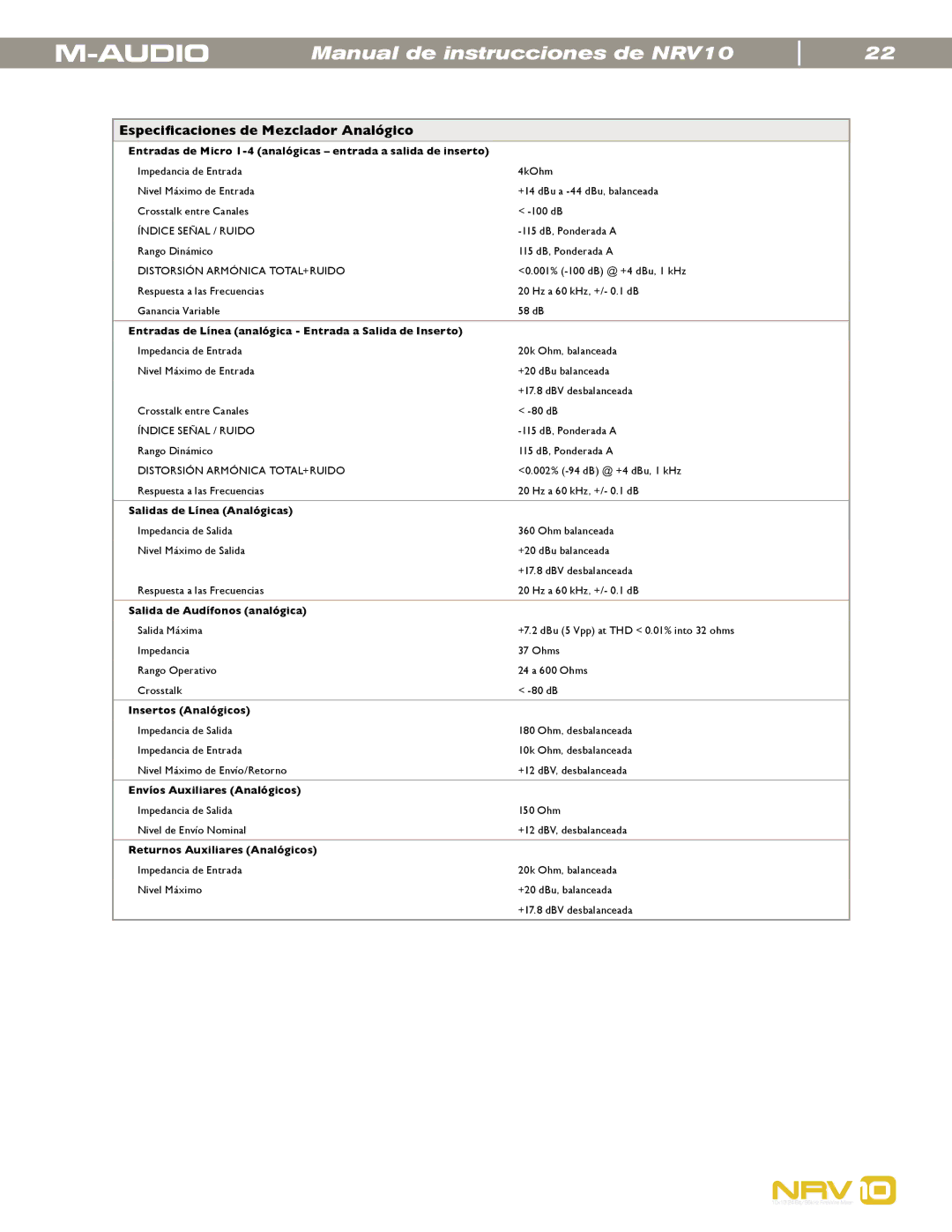 M-Audio NRV10 manual Especiﬁcaciones de Mezclador Analógico 