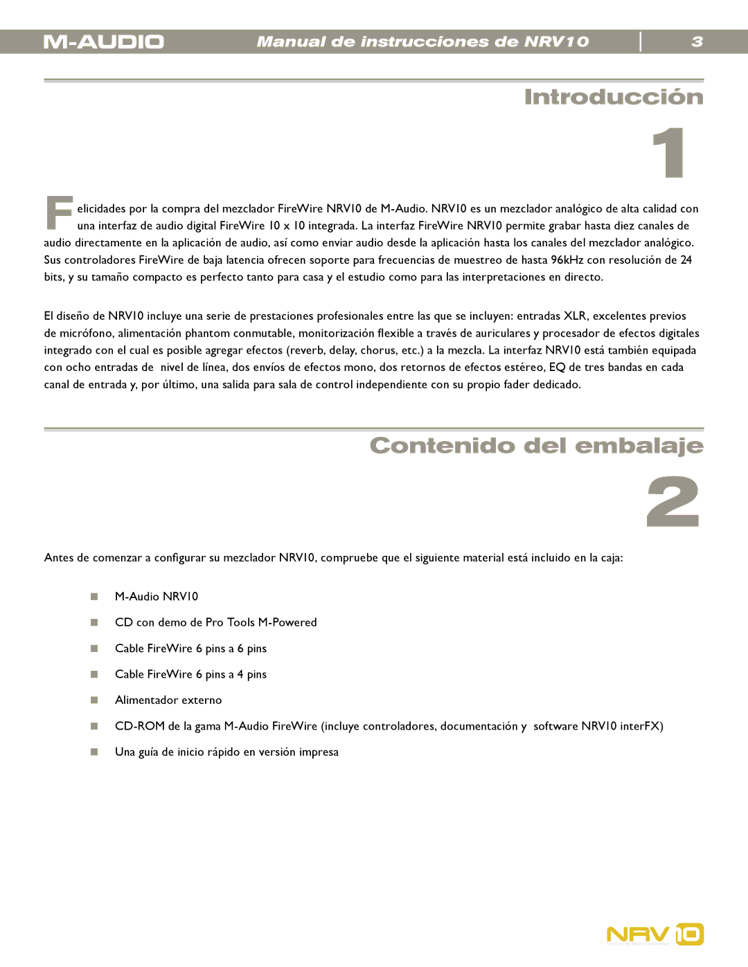 M-Audio NRV10 manual Introducción, Contenido del embalaje 