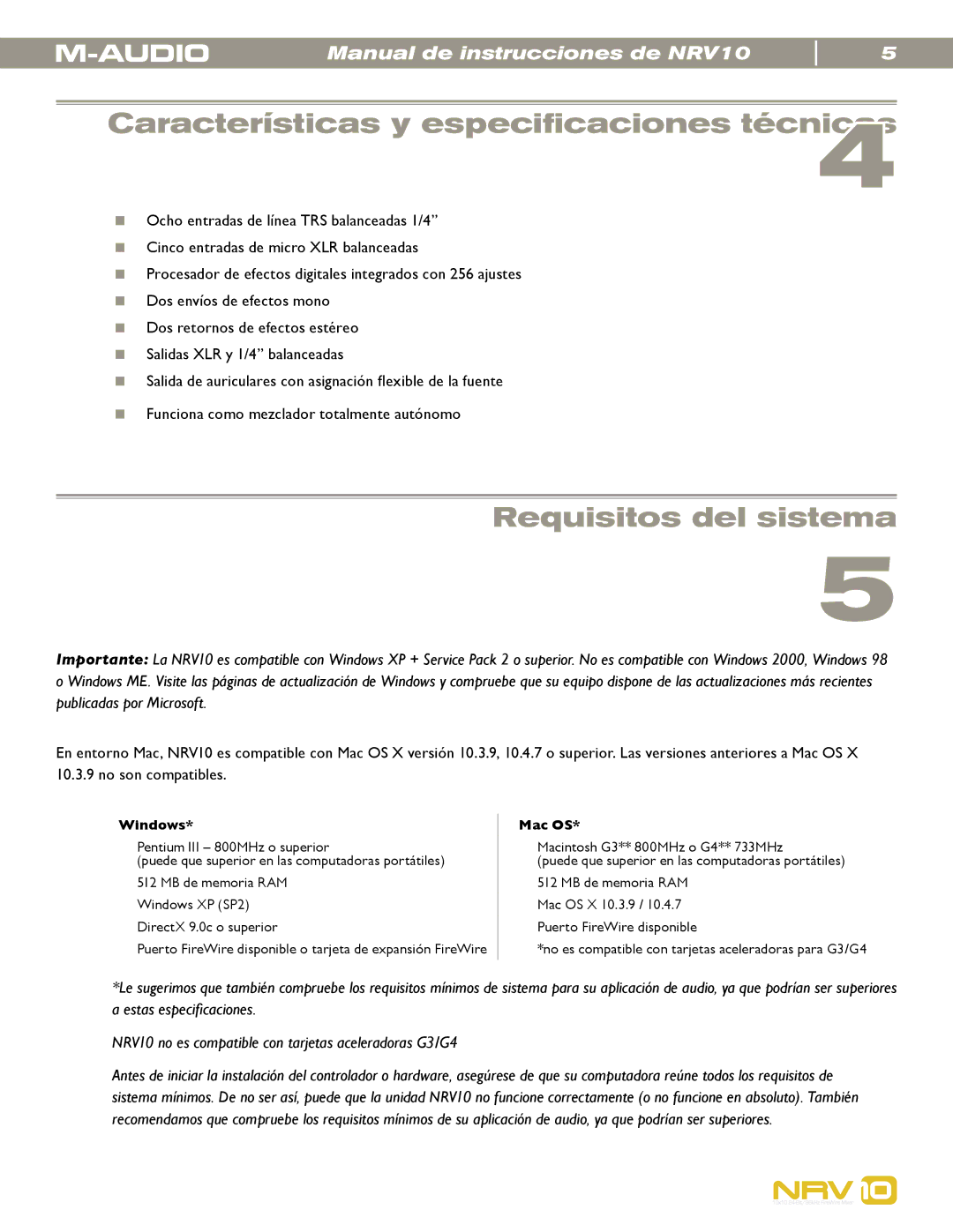 M-Audio NRV10 manual Características y especiﬁcaciones técnicas4, Requisitos del sistema 