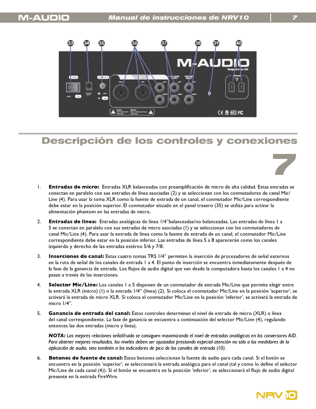 M-Audio NRV10 manual Descripción de los controles y conexiones 