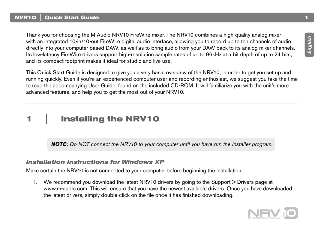 M-Audio NVR10 quick start Installing the NRV10, Installation Instructions for Windows XP 