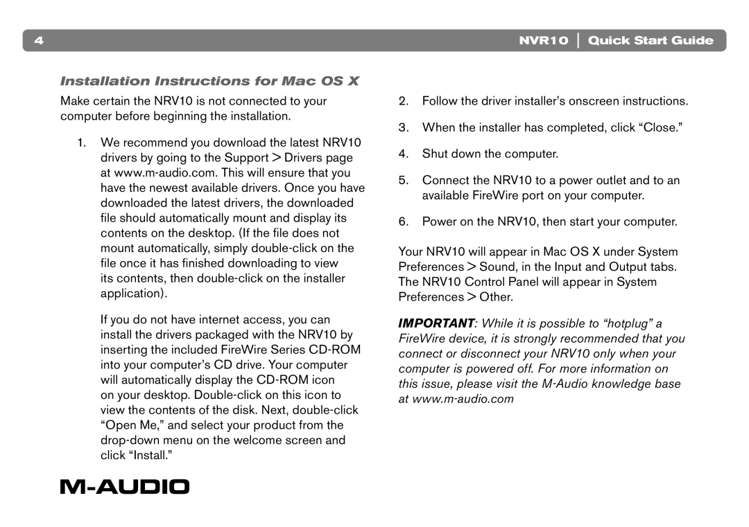 M-Audio NVR10 quick start Installation Instructions for Mac OS 