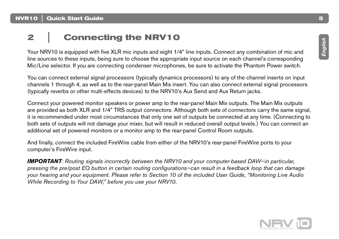 M-Audio NVR10 quick start Connecting the NRV10 