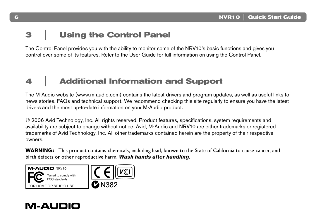 M-Audio NVR10 quick start Using the Control Panel, Additional Information and Support 