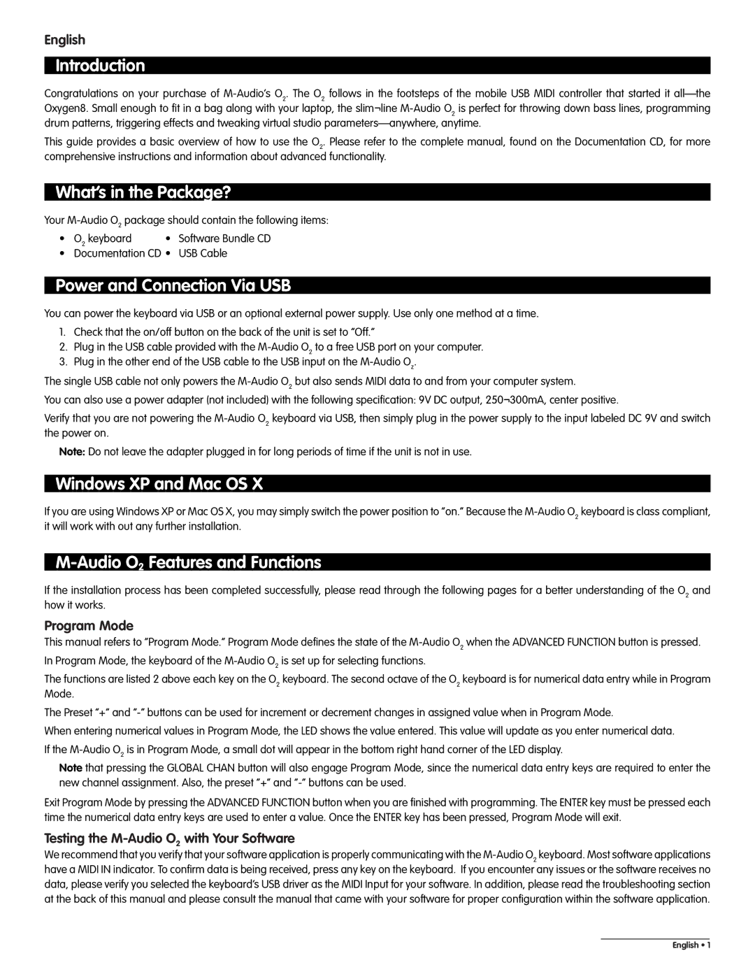 M-Audio O2 quick start Introduction, What’s in the Package?, Power and Connection Via USB, Windows XP and Mac OS 