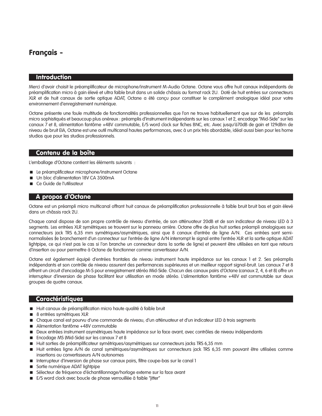 M-Audio manual Propos d’Octane, Caractéristiques 