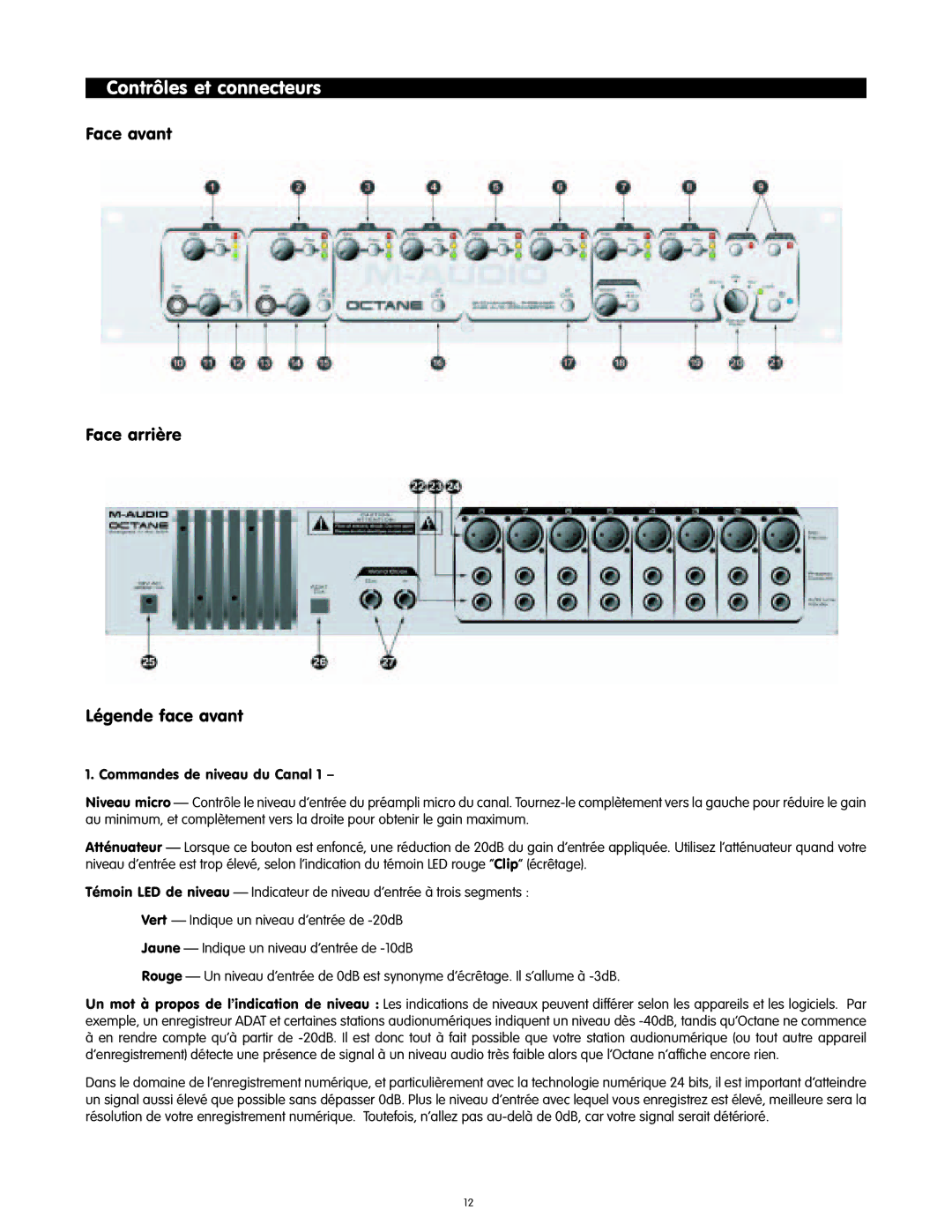 M-Audio Octane manual Contrôles et connecteurs, Face avant Face arrière Légende face avant 