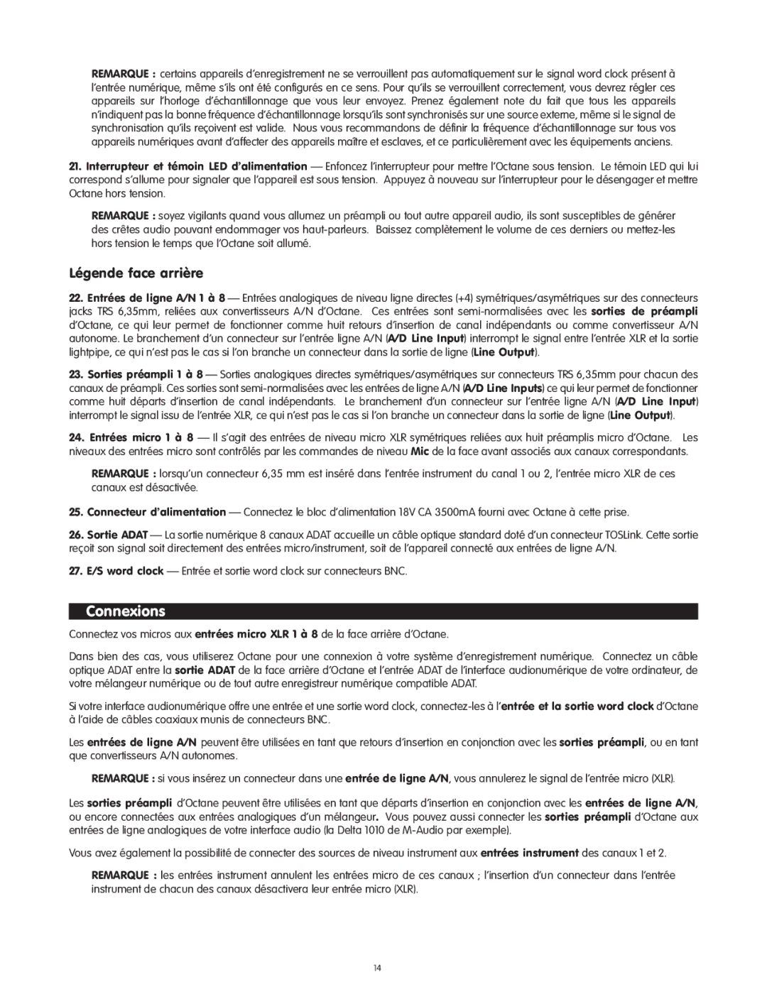 M-Audio Octane manual Connexions, Légende face arrière 