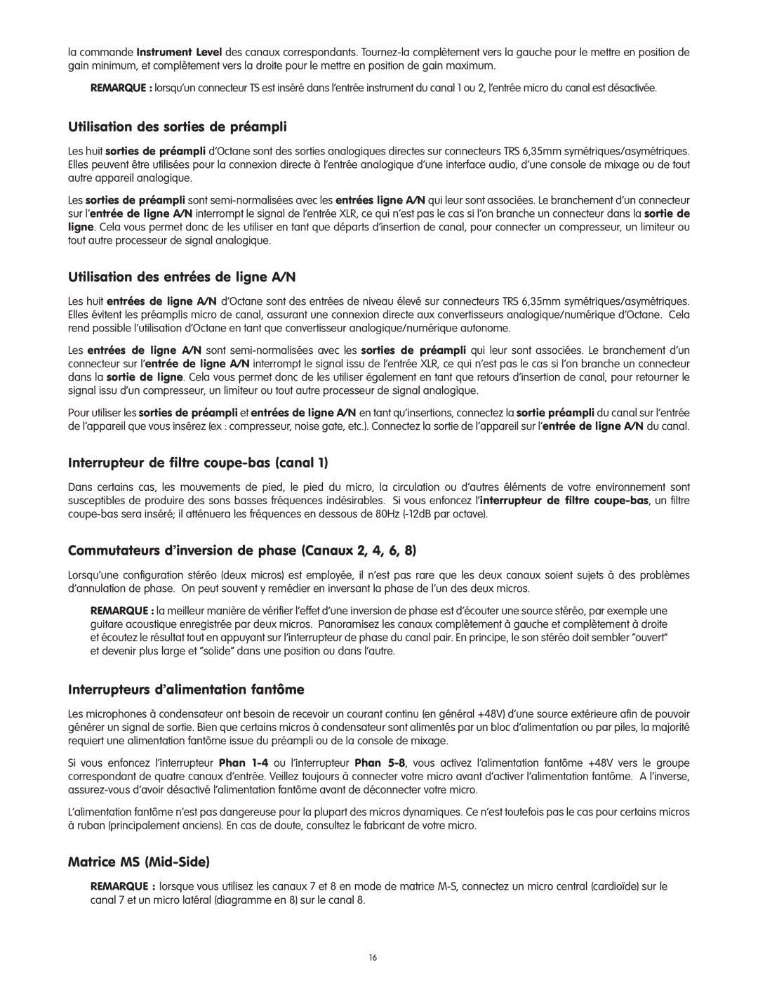 M-Audio Octane manual Utilisation des sorties de préampli, Utilisation des entrées de lig e A/N 