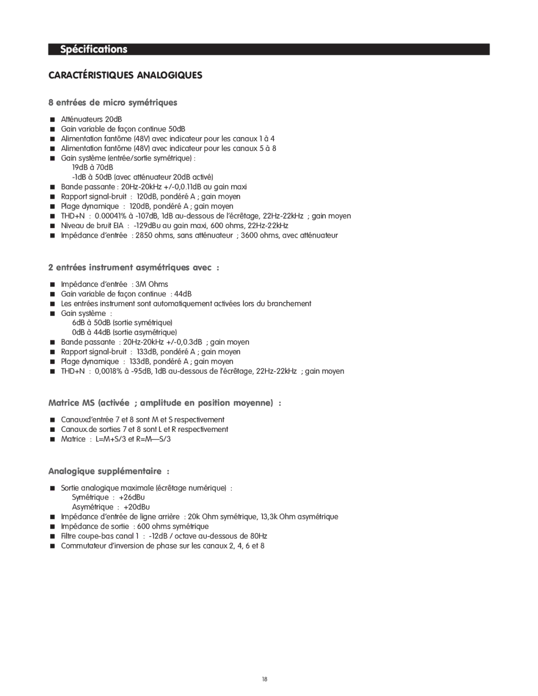 M-Audio Octane manual Spécifications, Caractéristiques Analogiques 