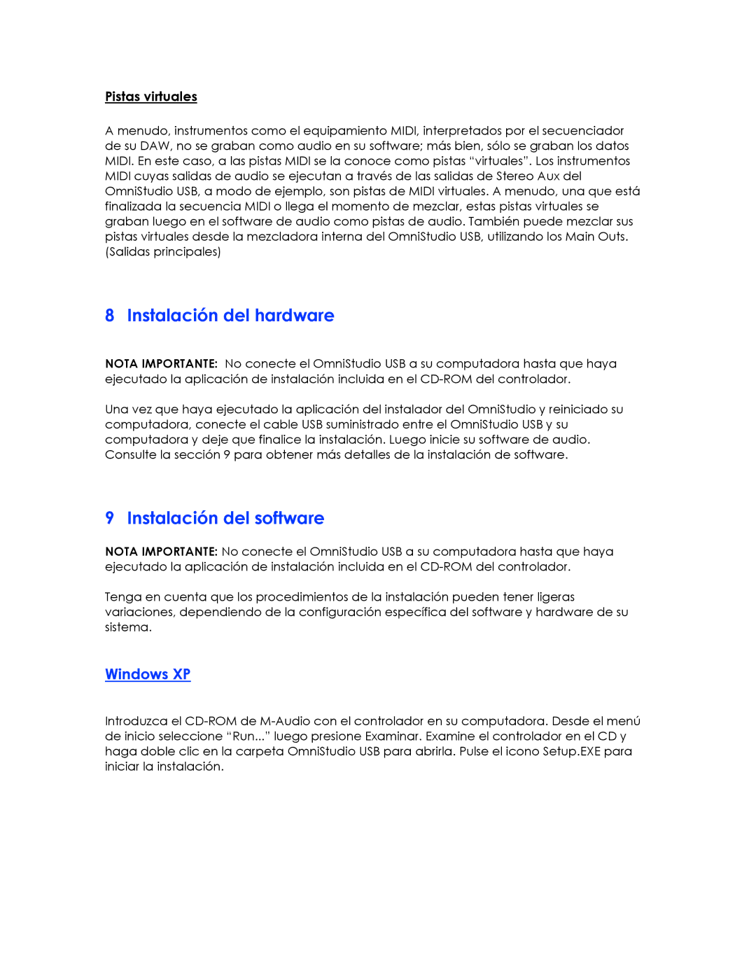 M-Audio OMNISTUDIO manual Instalación del hardware, Instalación del software, Windows XP, Pistas virtuales 