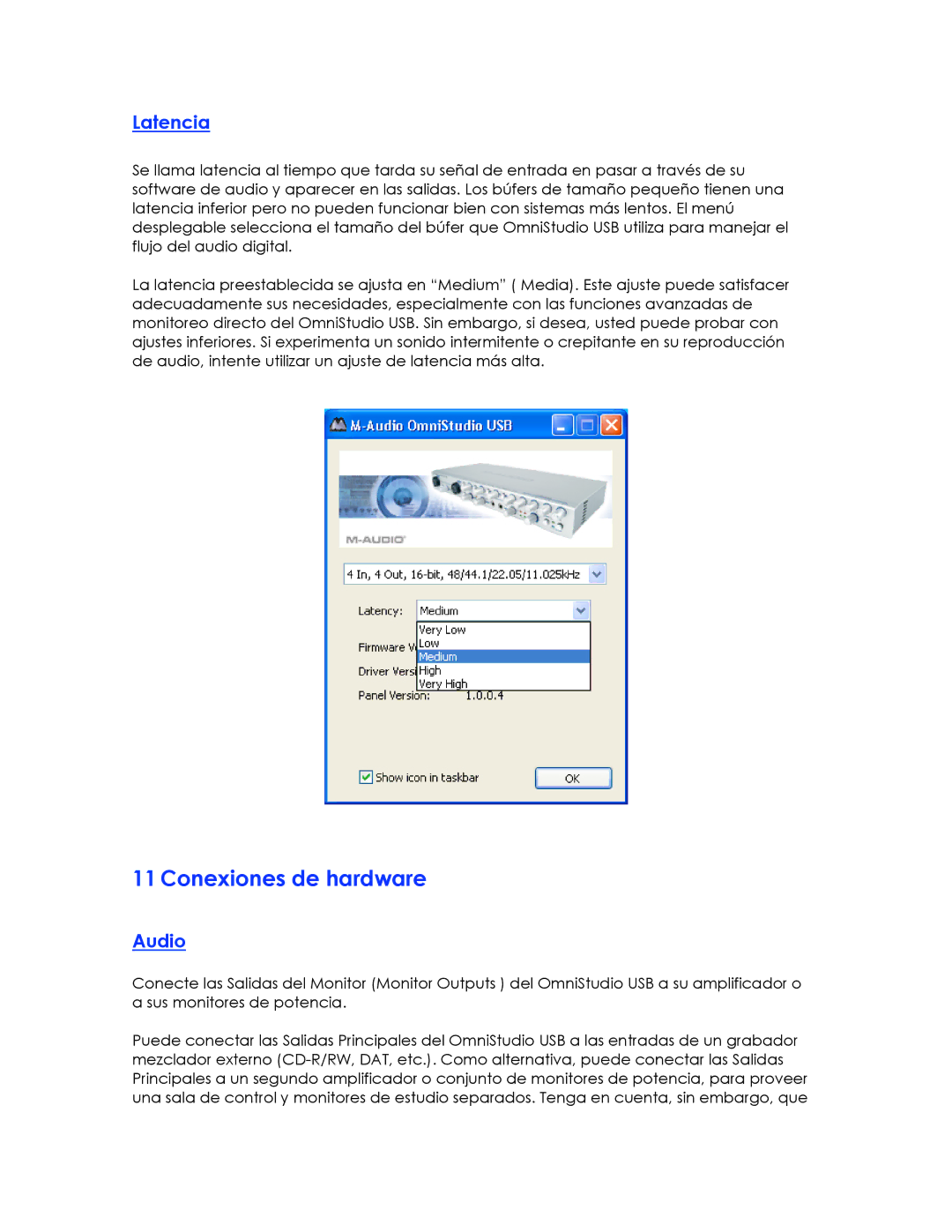 M-Audio OMNISTUDIO manual Conexiones de hardware, Latencia, Audio 