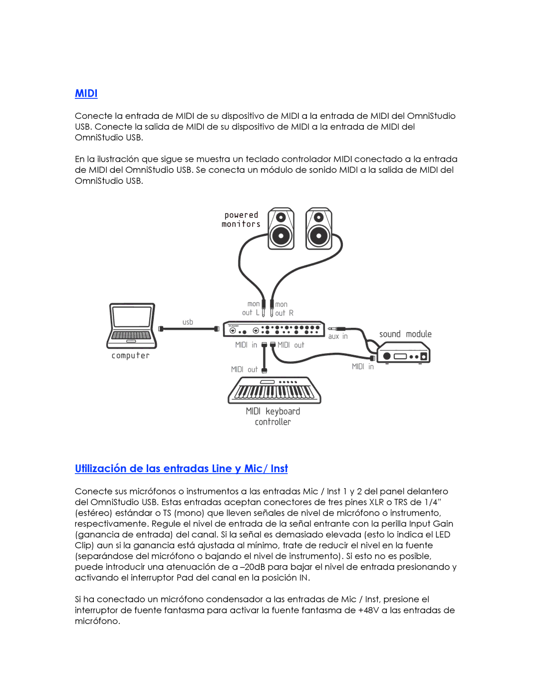 M-Audio OMNISTUDIO manual Midi, Utilización de las entradas Line y Mic/ Inst 