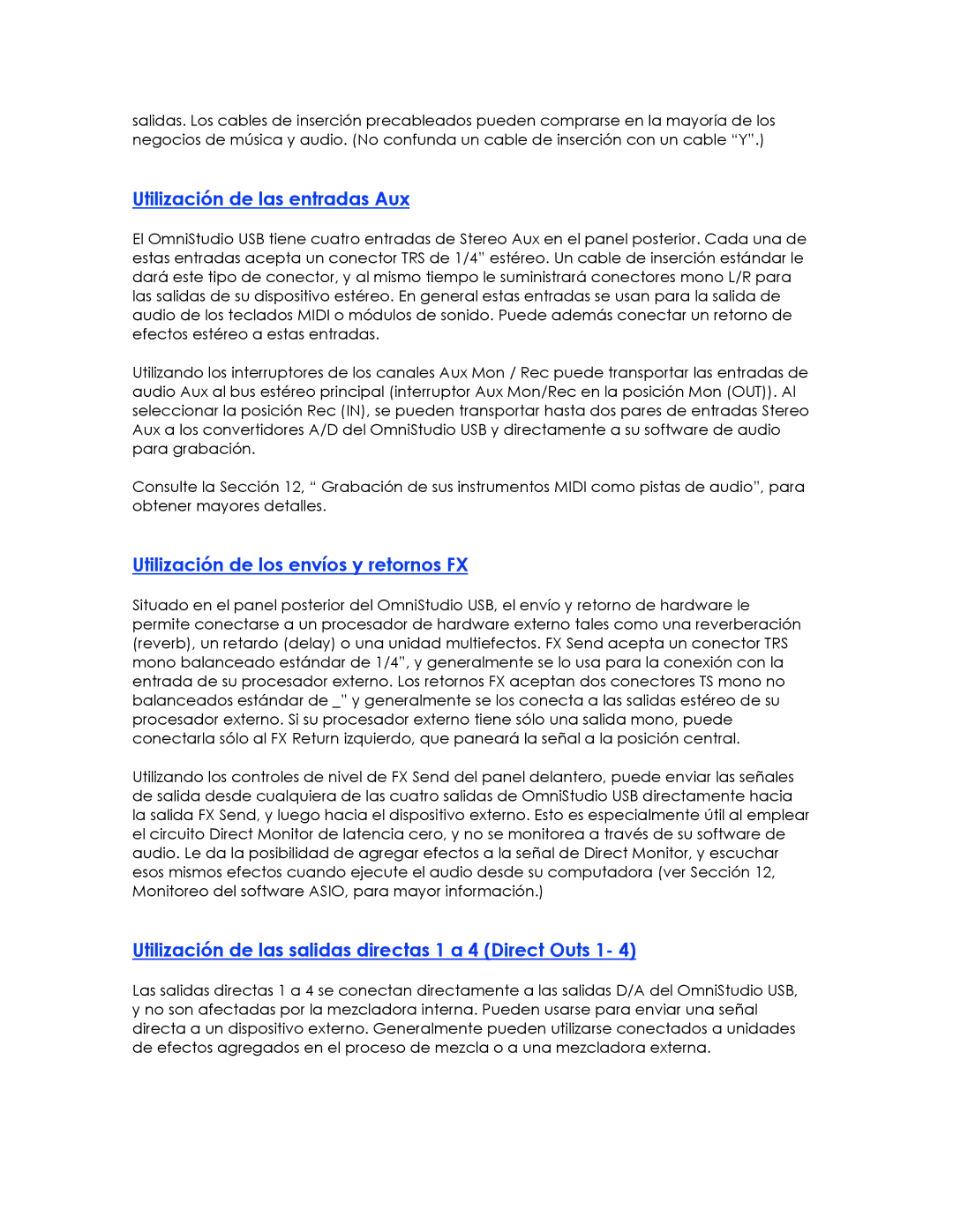 M-Audio OMNISTUDIO manual Utilización de las entradas Aux, Utilización de los envíos y retornos FX 