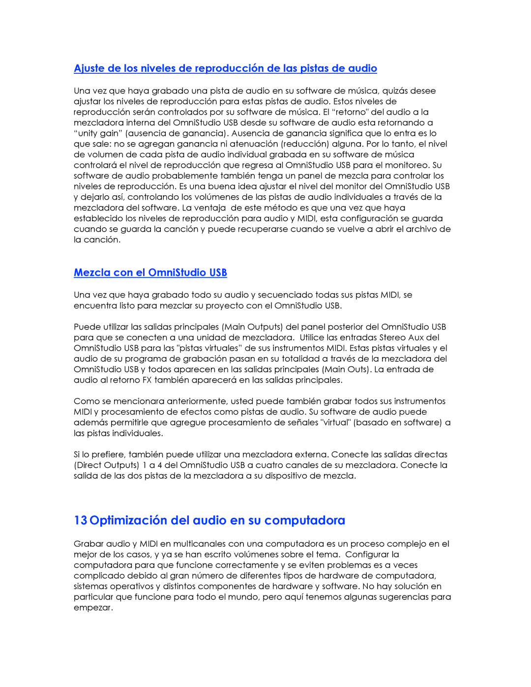 M-Audio OMNISTUDIO manual Optimización del audio en su computadora, Mezcla con el OmniStudio USB 