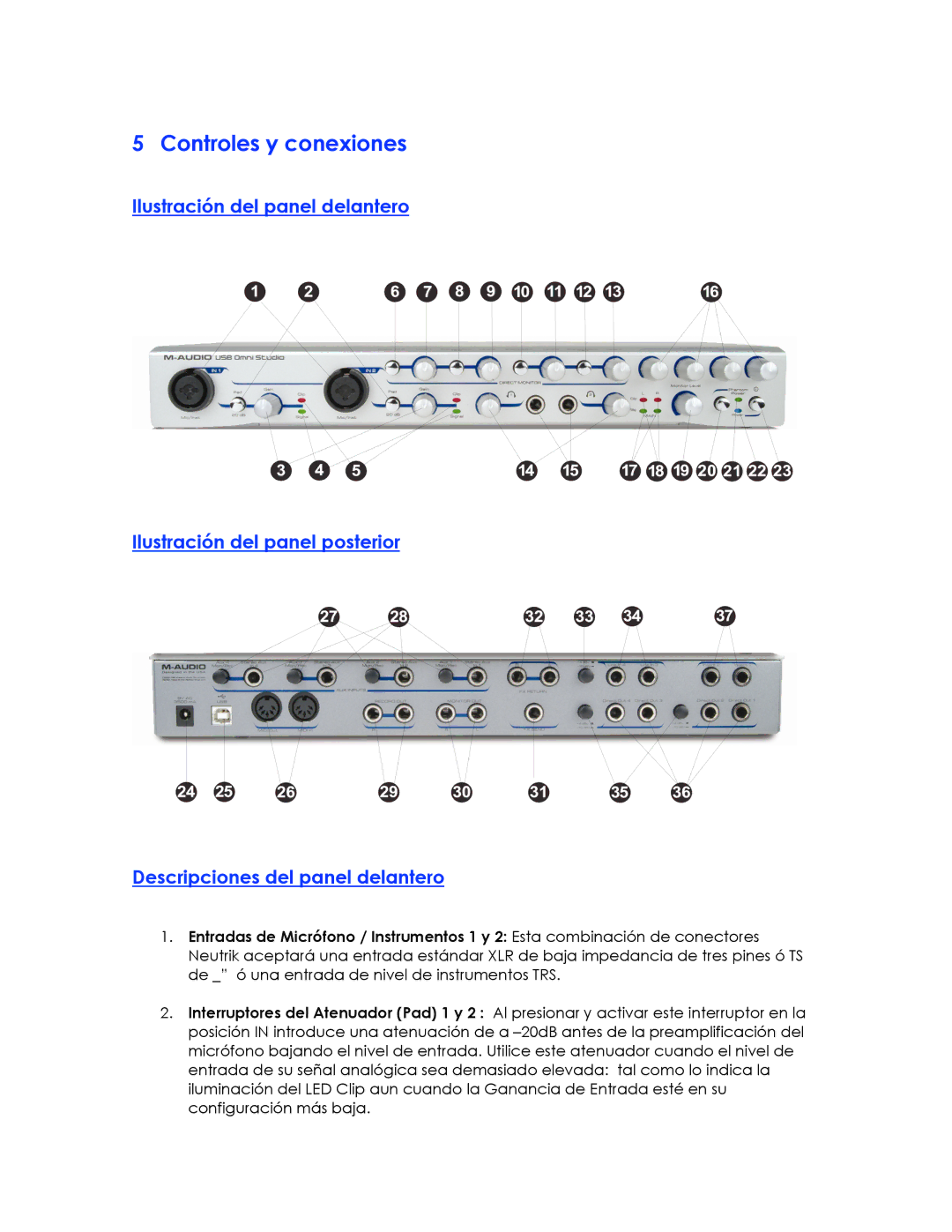 M-Audio OMNISTUDIO manual Controles y conexiones 