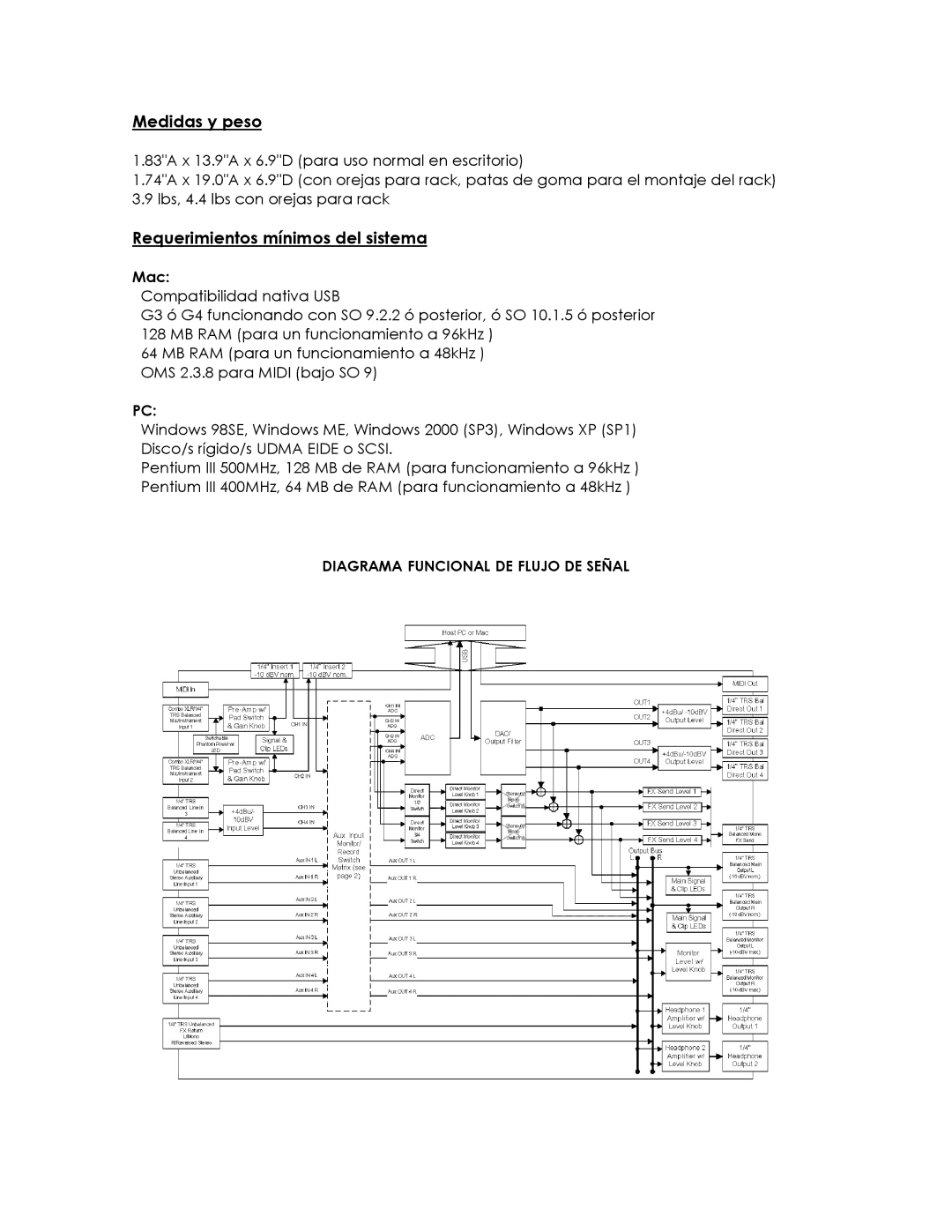 M-Audio OMNISTUDIO manual Medidas y peso, Requerimientos mínimos del sistema 