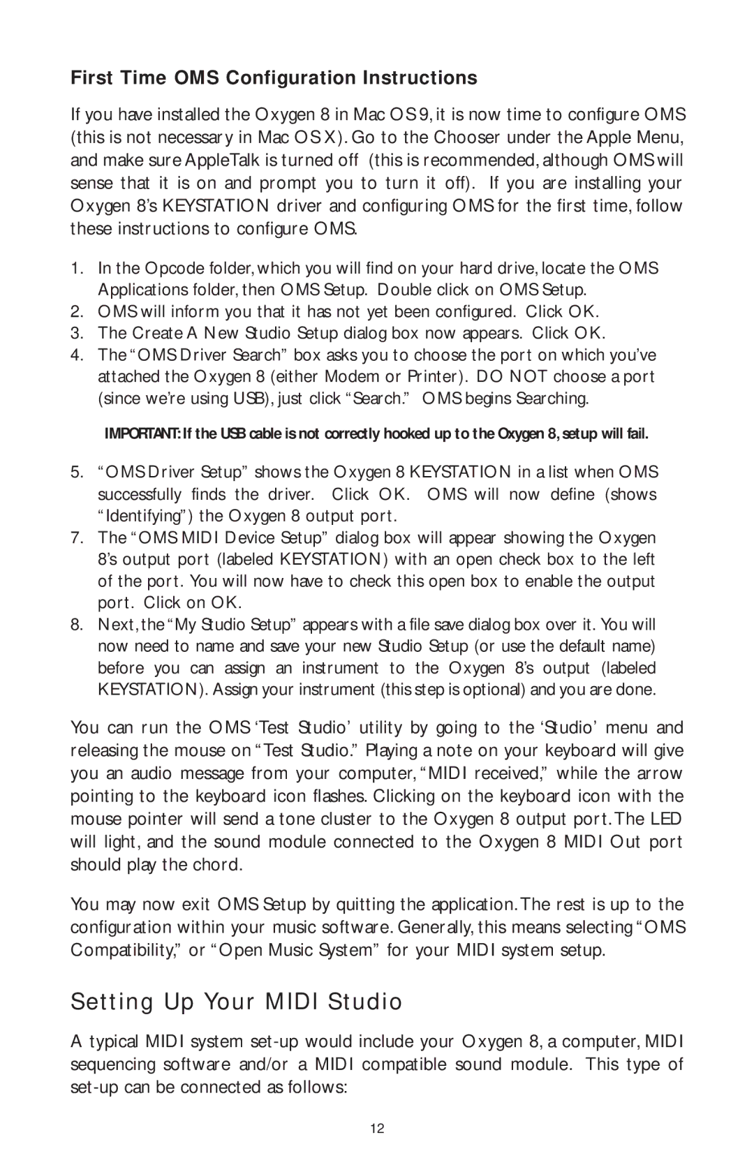 M-Audio OXYGEN 8, OXY8_050503 specifications Setting Up Your Midi Studio, First Time OMS Configuration Instructions 