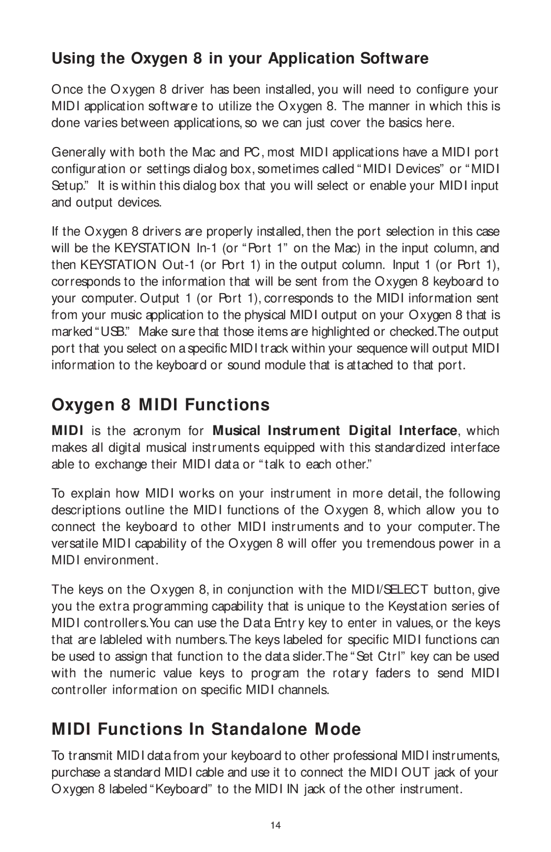 M-Audio OXYGEN 8, OXY8_050503 specifications Oxygen 8 Midi Functions, Midi Functions In Standalone Mode 