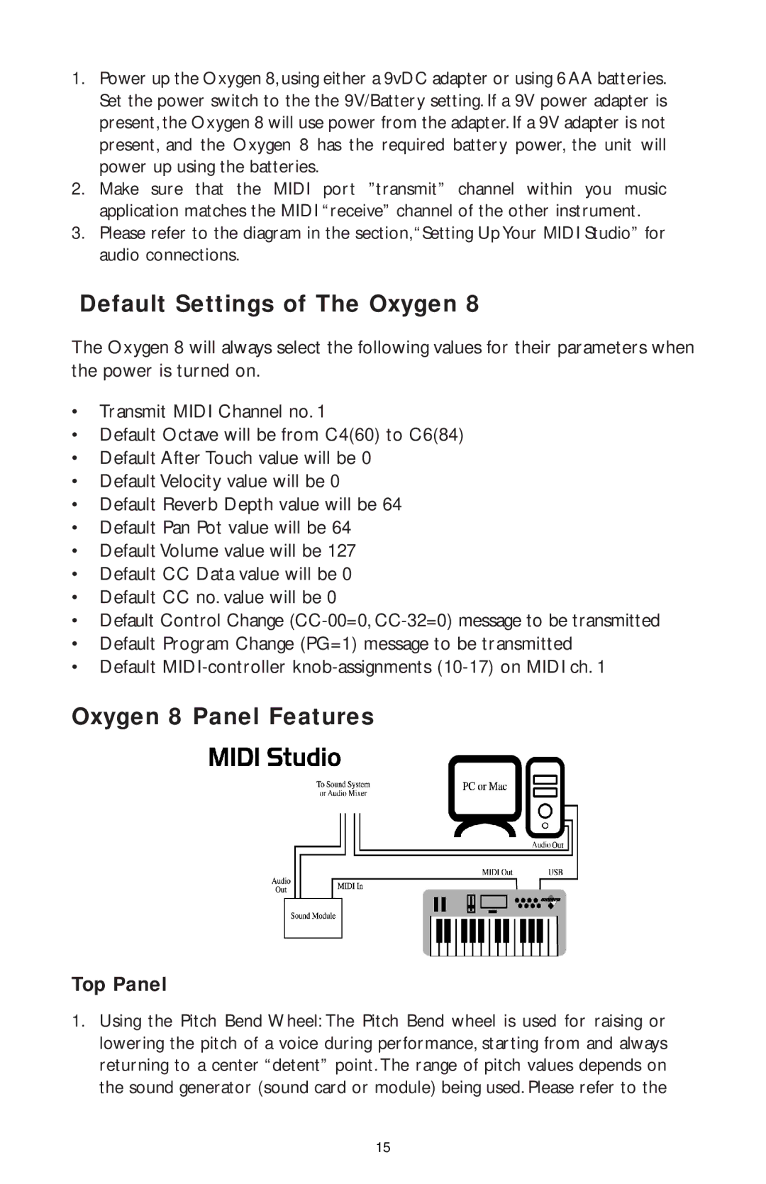 M-Audio OXY8_050503, OXYGEN 8 specifications Default Settings of The Oxygen, Oxygen 8 Panel Features, Top Panel 