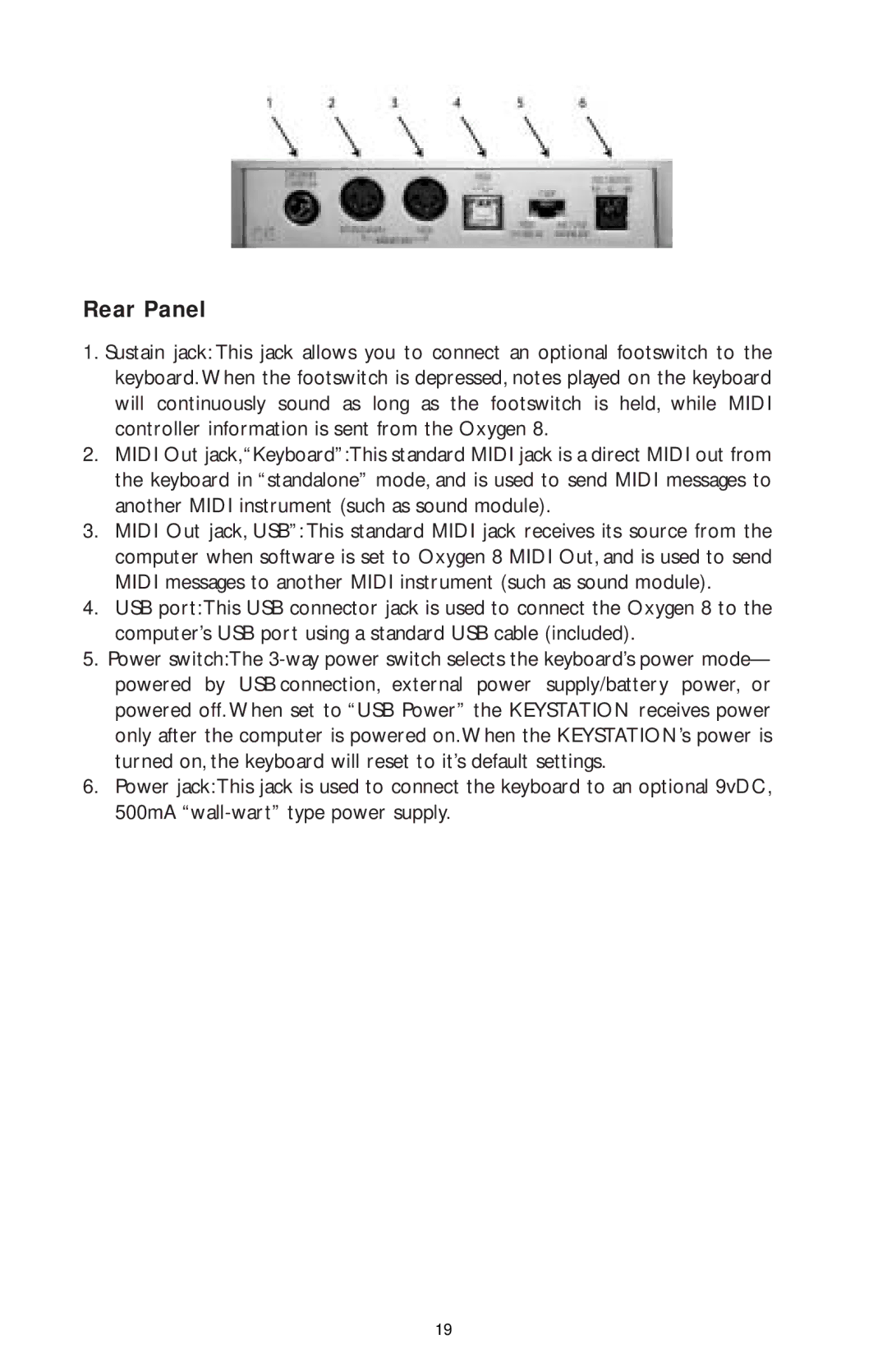 M-Audio OXY8_050503, OXYGEN 8 specifications Rear Panel 