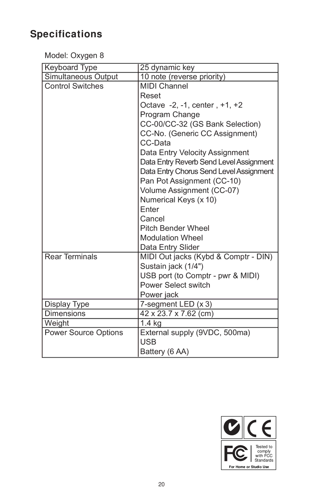 M-Audio OXYGEN 8, OXY8_050503 specifications Specifications 