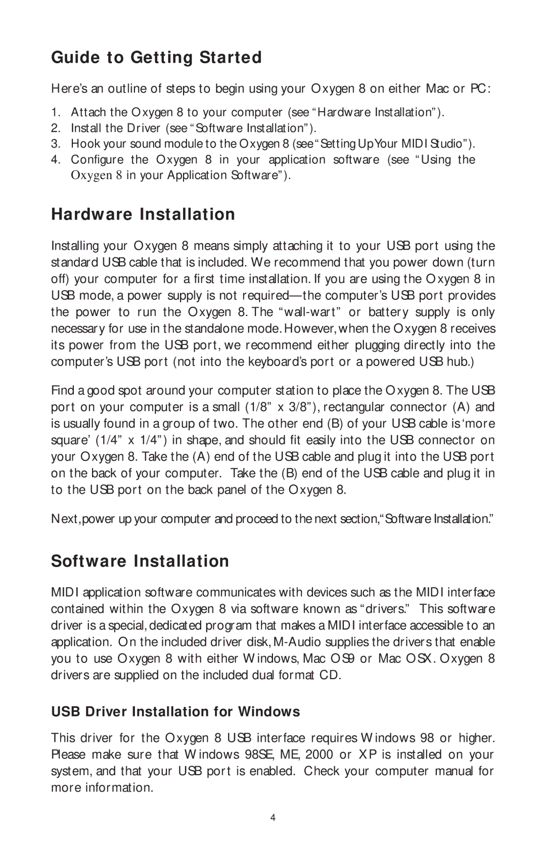 M-Audio OXYGEN 8, OXY8_050503 specifications Guide to Getting Started, Hardware Installation, Software Installation 