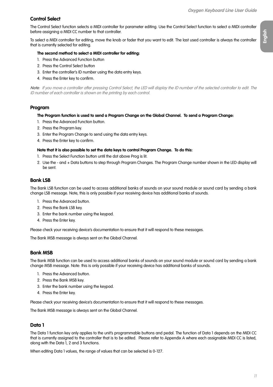 M-Audio OXYGEN 8 V2 manual Control Select, Program, Bank LSB, Bank MSB, Data 