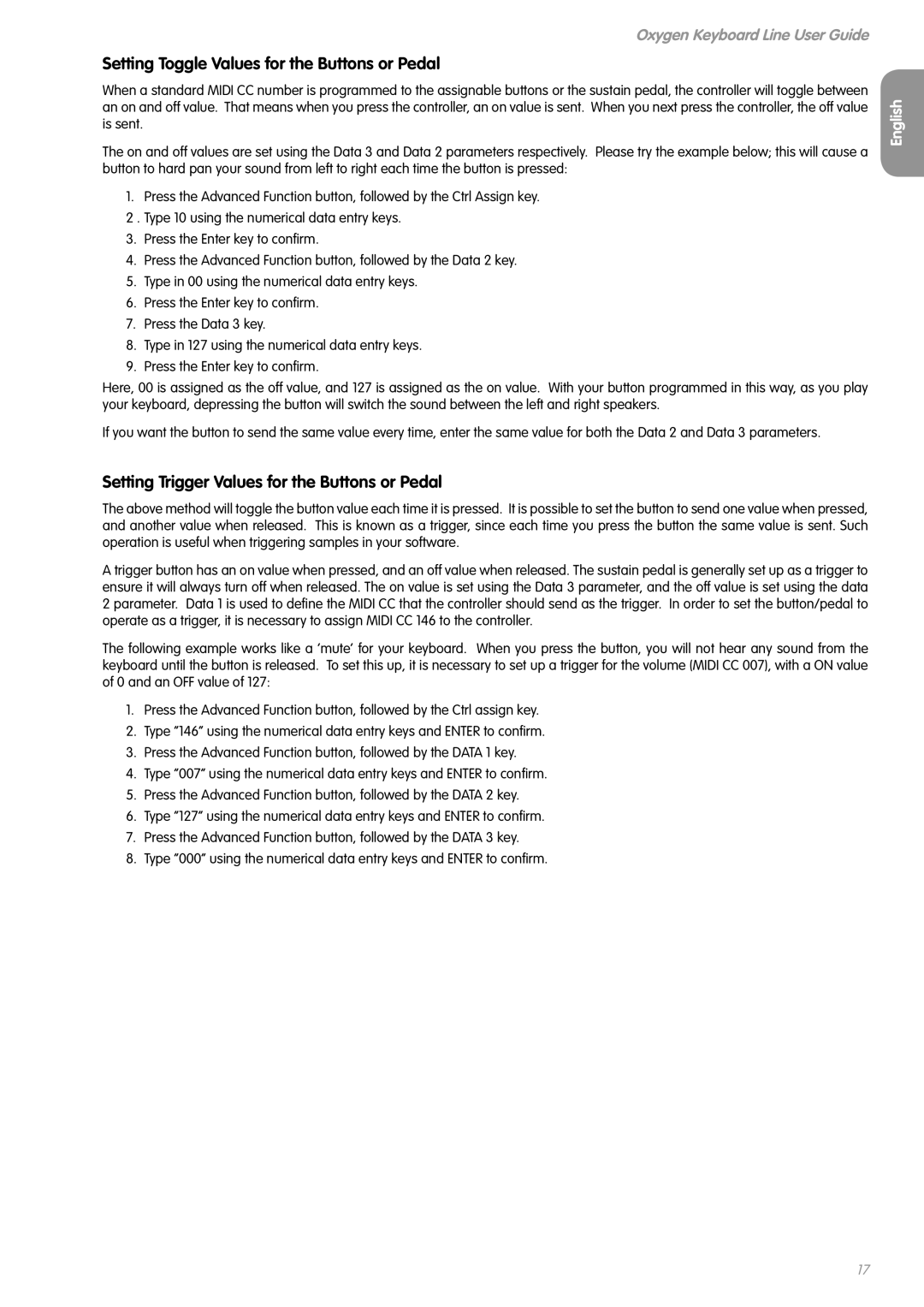 M-Audio OXYGEN 8 V2 manual Setting Toggle Values for the Buttons or Pedal, Setting Trigger Values for the Buttons or Pedal 