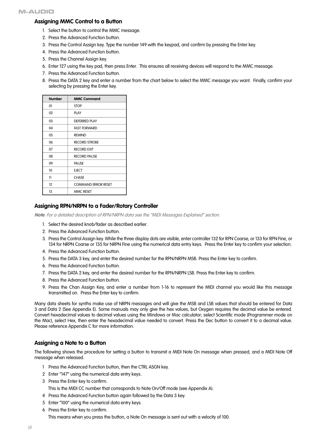 M-Audio OXYGEN 8 V2 manual Assigning MMC Control to a Button, Assigning RPN/NRPN to a Fader/Rotary Controller 