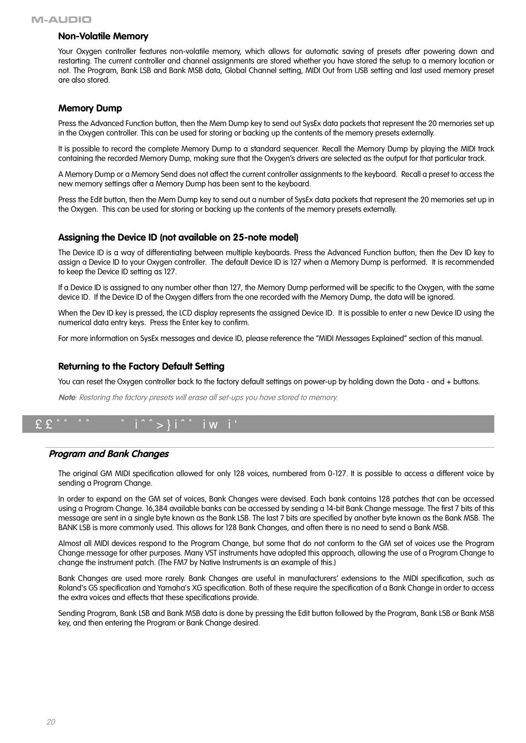 M-Audio OXYGEN 8 V2 11 › Midi Messages Deﬁned, Non-Volatile Memory, Assigning the Device ID not available on 25-note model 