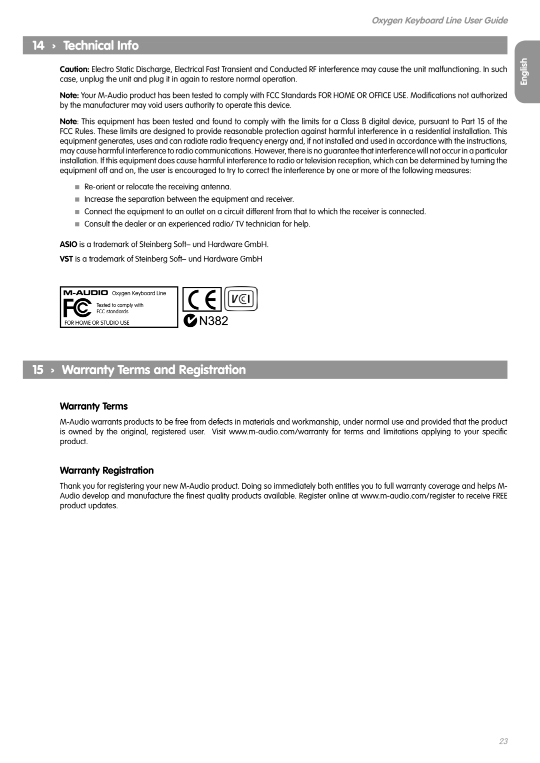 M-Audio OXYGEN 8 V2 manual 14 › Technical Info, 15 › Warranty Terms and Registration, Warranty Terms Warranty Registration 