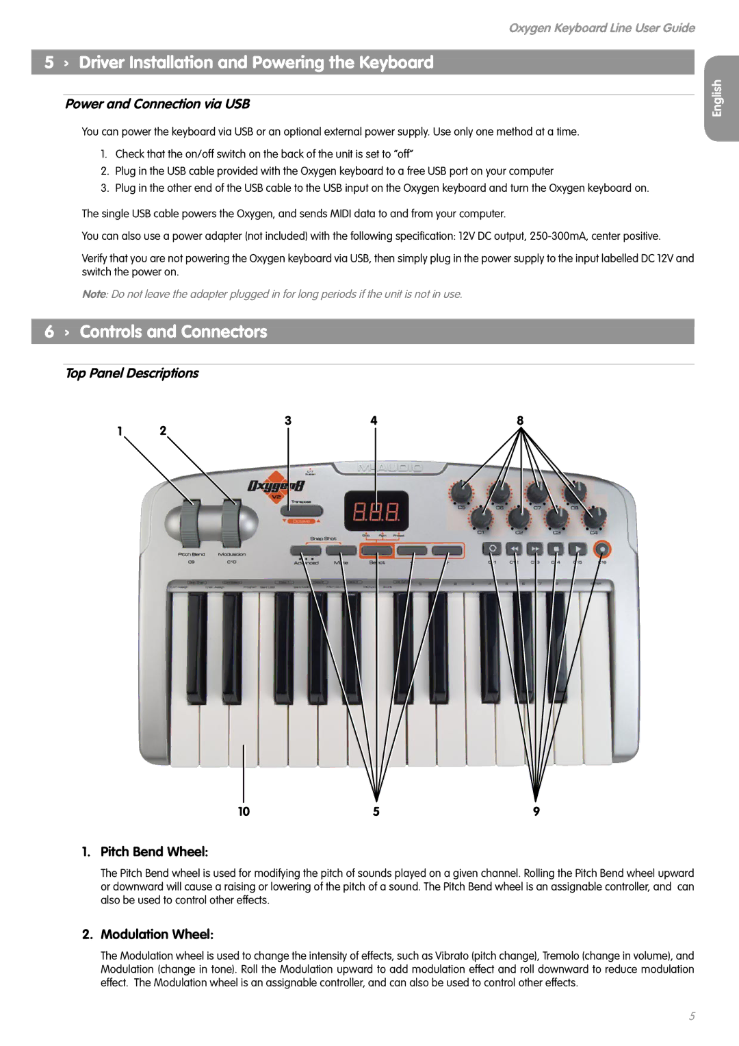 M-Audio OXYGEN 8 V2 › Driver Installation and Powering the Keyboard, › Controls and Connectors, Top Panel Descriptions 