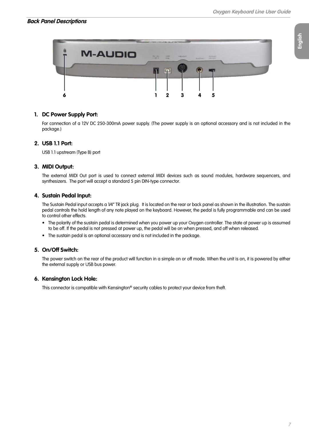 M-Audio OXYGEN 8 V2 manual Back Panel Descriptions 