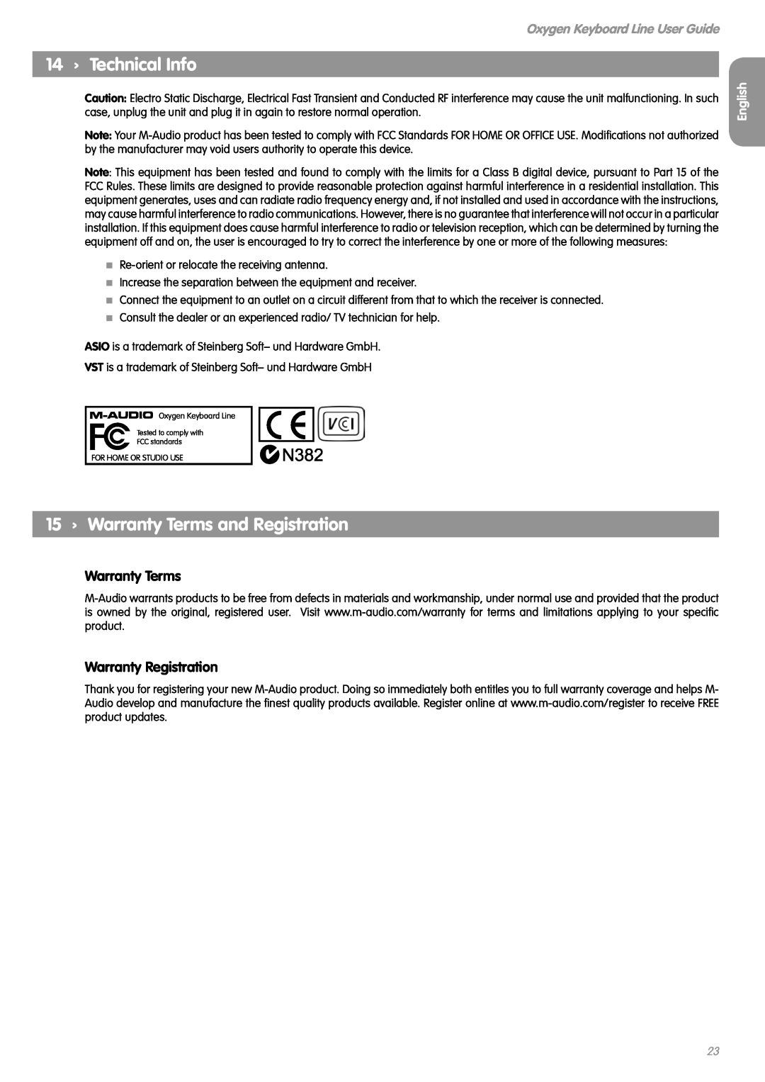 M-Audio OXYGEN 8 V2 manual 14 › Technical Info, 15 › Warranty Terms and Registration, Warranty Registration, English 