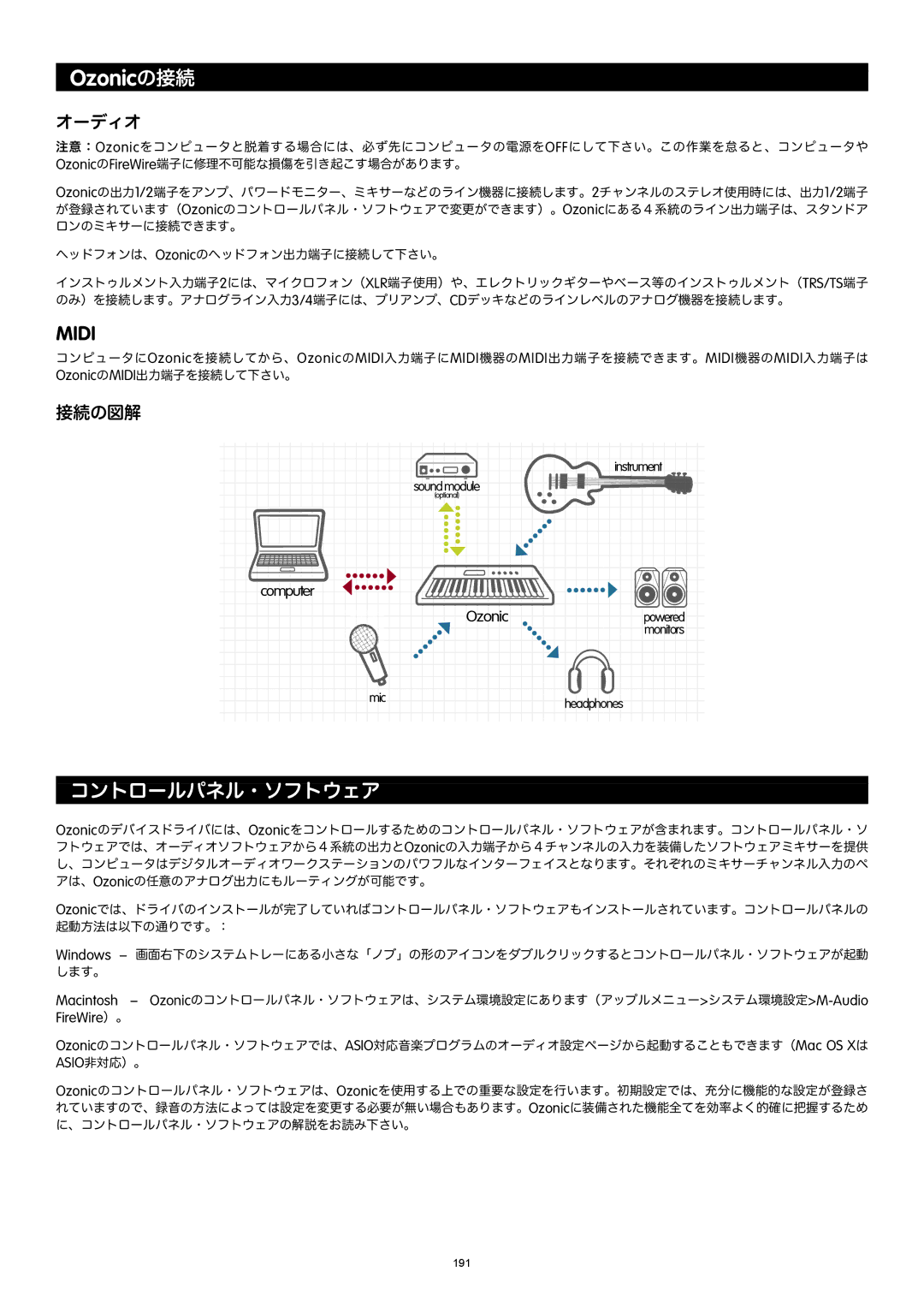 M-Audio Ozonic manual コントロールパネル・ソフトウェア, オーディオ, 接続の図解, Computer, FireWire）。 